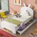 White Chenille Upholstered Twin Size Platform Bed with Cartoon Ears Headboard, Guardrail, Sturdy Frame, Easy Assembly