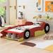 Red Cool Pine Wood Race Car Platform Bed with Rear Wing and Front Spoiler, Safety Rails, Wheels, Easy Assembly