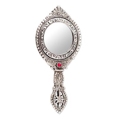 Artistic Reflection,'Artisan Crafted Indian Floral Themed Aluminum Hand Mirror'