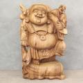 Figur Happy Buddha Massiv China Skulptur Sitzend Deko Buddhismus Holzfigur Natur mit kleinen Buddha auf Schulter ca. 50 cm