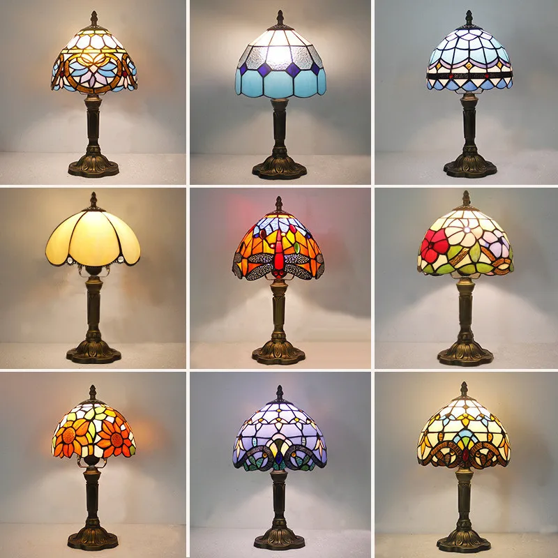 Retro Buntglas Tischlampe E27 Bunte Kunst Lampenschirm Mediterraner Stil Barock Tischleuchte Schlafzimmer Nachttisch Dekor Beleuchtung