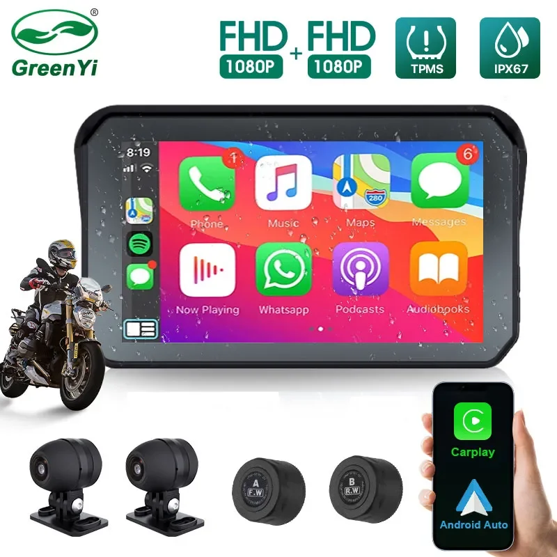 Greenyi motorrad carplay wasserdicht 1080p 5 zoll wifi drahtlose android-auto dvr monitor dash cam gps navigation tpms Image
