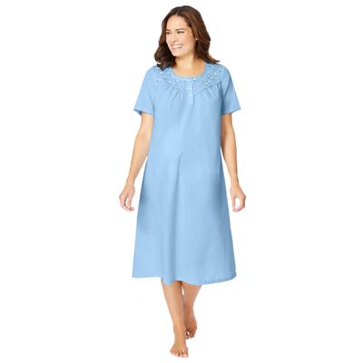 Plus Size Women's Short-Sleeve Embroidered Woven Gown by Only Necessities in Sky Blue Floral Embroidery (Size 2X)
