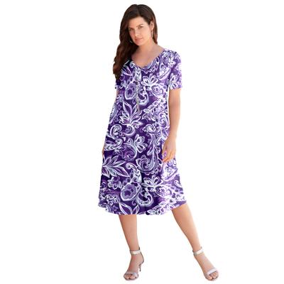 Plus Size Women's Ultrasmooth® Fabric V-Neck Swing Dress by Roaman's in Midnight Violet Paisley (Size 34/36) Stretch Jersey Short Sleeve V-Neck