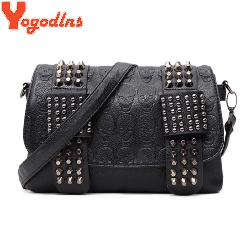 Yogodlns femmes sacs de messager en cuir noir mode Vintage messager Cool crâne Rivets sacs à bandoulière sac a main bolsa