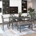 6-Piece Kitchen Dining Table Set, Wooden Rectangular Dining Table with 4 Fabric Chairs and Bench