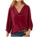 AherBiu Velour Tops for Women 3/4 Sleeve Cowl Neck Elastic Cuff Going out Tops Vintage Dressy Blouse