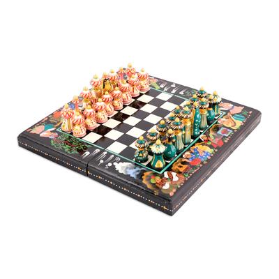 Night Bukhara Folklore,'Handcrafted Painted Walnut Wood Chess Set in Black'