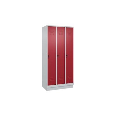 C+P Spind Classic PLUS, Sockel, 3 Abteile, HxBxT 195x90x50cm, Sicherheitsdrehriegel, Hellgrau/Rubinrot von PROREGAL Image