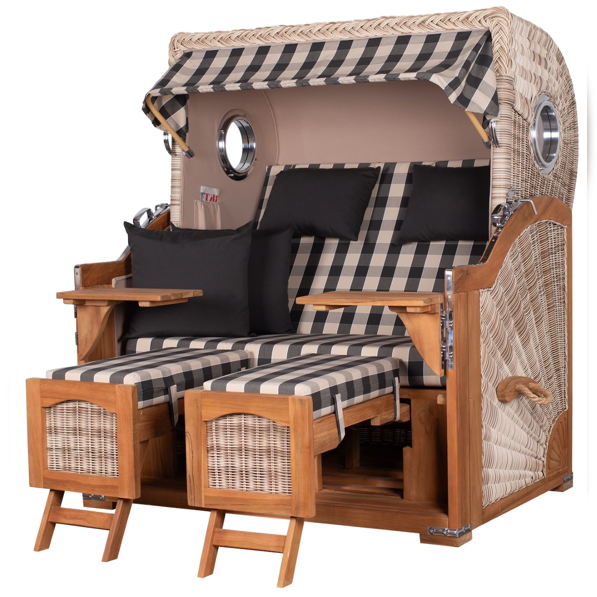 Mr. Deko Strandkorb - bene living - Ammersee Grande XL Teak Bullauge - PE shell - Modell 505 - 2,5-Sitzer inkl. Liftersystem Image