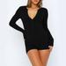 Lastesso Womens Cheeky Pajamas V-Neck Long Sleeve Yoga Shorts Rompers Ribbed Buttons Solid Sport Jumpsuits