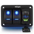 Nilight 2 Gang Rocker Switch Panel blue Backlit with PD Type C and USB Charger Voltmeter Waterproof 12V 24V DC Rocker Switch with Night Glow Stickers for Car Trucks Boats RVs 2 Years Warranty