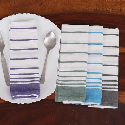 Striped Meals,'Set of 4 Handwoven Striped Cotton Napkins in Serene Hues'