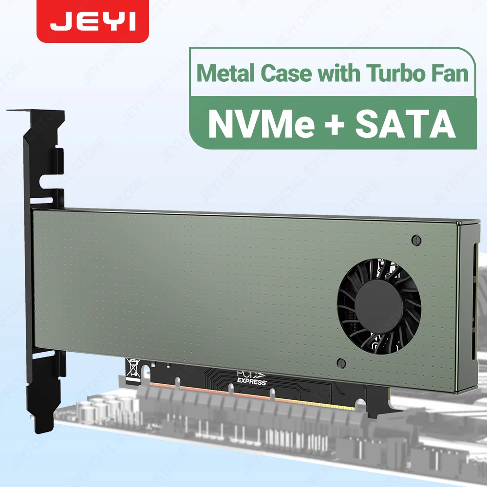 JEYI SK9 M.2 Dual PCIE 4.0 Adapter für NVMe/NGFF SSD mit Turbo-Lüfter, NVME (m Key) und SATA (b Key) SSD zu PCIe x4 X8 X16 Slot Image
