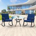 Sonerlic 3 Pcs Outdoor Patio Steel Leisure Rocking Chairs Sets with Sponge Cushions and Side Table Navy Blue