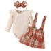 Fall Outfits For Baby Girls Long Sleeve Solid Color Ruffles Ribbed Romper Bodysuit Plaid Suspender Skirt Headbands Three Piece Outfits Baby Boys Clothing Sets Beige 2 Years-3 Years