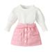 Girls Fall Outfits Baby Long Bubble Sleeve Ribbed Solid Sweater Tops Blouse Patchwork Skirt Outfit Clothes Set 2Pcs Baby Girls Clothing White 9 Months-12 Months