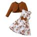 Baby Girl Outfits Long Sleeve Solid Color Cardigan Coat Bowknot Floral Prints Dress Two Piece Outfits Set Baby Boys Clothing Sets Brown 12 Months-18 Months