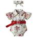 HIBRO Long Sleeve Shirt Toddler Kids Girls Cute Floral Flowers Prints Short Sleeves Romper Jumpsuit Hairband Belt Cloths