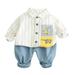 Girls Fall Outfits Baby Boys Long Sleeve Cute Cartoon Animals Striped Shirt Tops Solid Jeans Pant Outfits Set 2Pcs Clothes Boy Outfits White 6 Months-12 Months