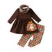 Fall Baby Girl Outfits Thanksgiving Baby Cute Turkey Long Sleeve Princess Dress Blouse Tops Plaid Pant Trousers With Headbands Outfit Set Clothes 3Pcs Girls Clothing Sets Brown 3 Years-4 Years