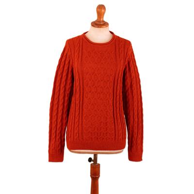 'Soft Honeycomb-Patterned Rust 100% Alpaca Pullover Sweater'