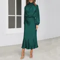 Robe de Soirée en Satin pour Femme Col Mi-Haut Manches sulf Couleur Unie Amissié Manches