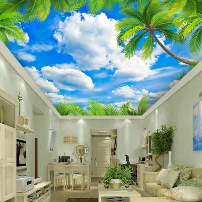 Benutzerdefinierte Grüne Blätter Blauen Himmel Weiße Wolken Zenit Decke 3D Fresko Moderne Image