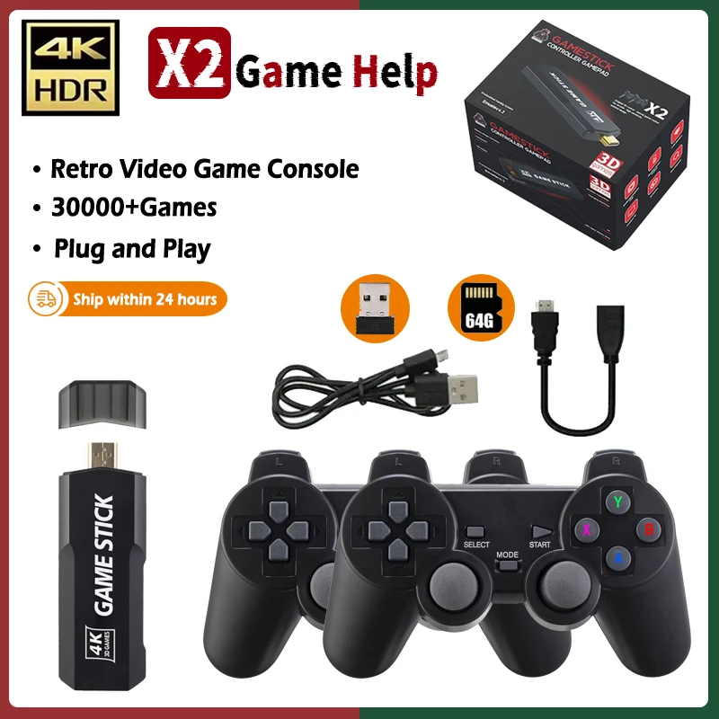 X2 Retro-Spielekonsole Videospiel-Stick Emuelec4.3 System GD10 Wireless Controller 64 GB Integrierte 30000 Spiele/PS1/GB Weihnachtsgeschenk