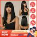 SUCS Straight Black Bob Synthetic Wig with Bangs Medium Long Cosplay Layered Wigs for Woman Natural Hair Daily Wig Heat Resistant