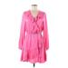 La Roque Casual Dress - Mini V Neck Long sleeves: Pink Print Dresses - Women's Size Medium