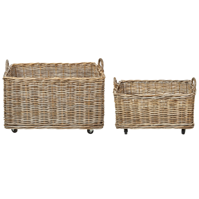 2-er Set Körbe aus natürlichem Rattan mit Gummirädern handgefertigt Griffe Holzrahmen im Boho-Stil Wohnzimmer Schlafzimm