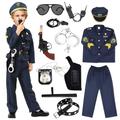 Alaiyaky Police Costume Kids, 12pcs Policeman Costume Kids Swat Costume Police Uniform with Hat Walkie Talkie Handcuff Toy Gun Badge Baton Glasses, Police Costume for Halloween Book Day (Kids, 110)