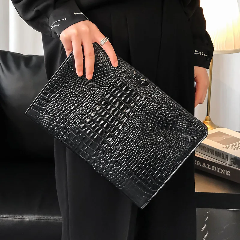 Pochette en cuir PU crocodile pour hommes et femmes, sac à main décontracté, sac enveloppe d'affaires, sacs IPAD, mode de luxe