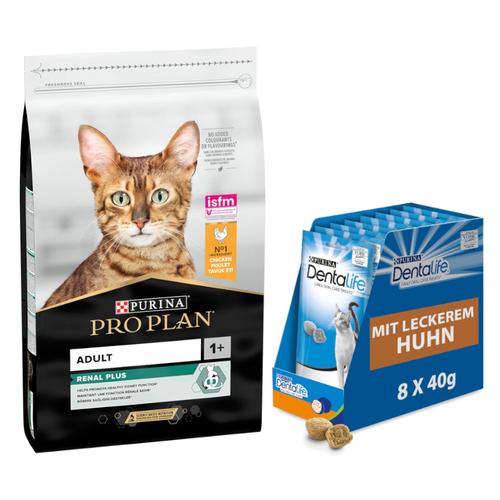 10kg PRO PLAN Adult Renal Plus reich an Huhn PURINA Katzenfutter trocken + 8x40g Dentalife...