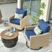 HOOOWOOO 3 Pieces Outdoor Patio Bistro Conversation Set Wicker Furniture with 360-Degree Swivel Chairs and Circular Woodburning Fire Pit Table(Blue)