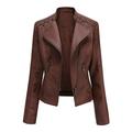 Ecqkame Womens Faux Leather Moto Biker Jacket Ladies Long Sleeve Lapel Fall Jacket Coat Zip Biker Short Punk Cropped Leather Jacket Coffee 3XL