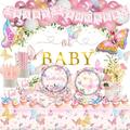 Fiesec Butterfly Baby Shower Decorations for Girl, Floral Pastel Pink Butterfly Backdrop Balloon Garland Cutout Banner Tablecloth Cake Cupcake Topper Plate Napkin Cup Straw Knife Spoon 274 PCs