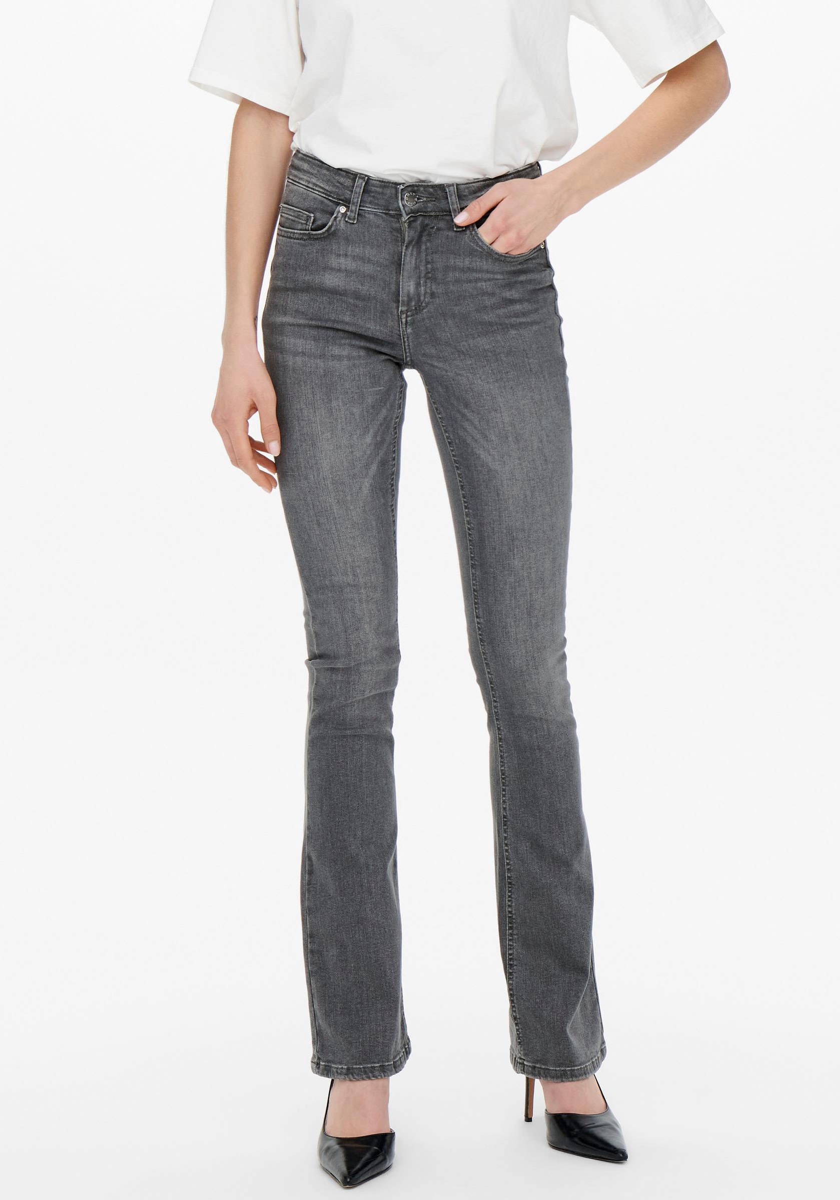 Bootcut-Jeans ONLY "ONLBLUSH LIFE MID FLARED", Damen, Gr. XL (42), Länge 34, blau (colorot grau denim 34"), Denim/Jeans, Obermaterial: 92% Baumwolle, 6% Polyester, 2% Elasthan, Abriebeffekte, Jeans 5-Pocket-Jeans