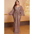 Robe longue à paillettes grande taille pour femmes, grande taille, col en V, abricot, brillant, ample, automne, robe de soirée, manches longues, 5XL, 6XL