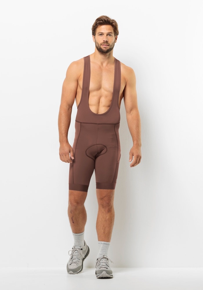Fahrradhose JACK WOLFSKIN "MOROBBIA BIB SHORTS M", Herren, Gr. XL (54/56), Normalgrößen, braun (schwarz, rust), Obermaterial: 80% Polyamid, 20% Elasthan; Obermaterial 2: 85% Polyester, 15% Elasthan, Hosen Fahrradhose