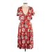 London Rose Casual Dress - A-Line Plunge Short sleeves: Red Floral Dresses - Women's Size Large