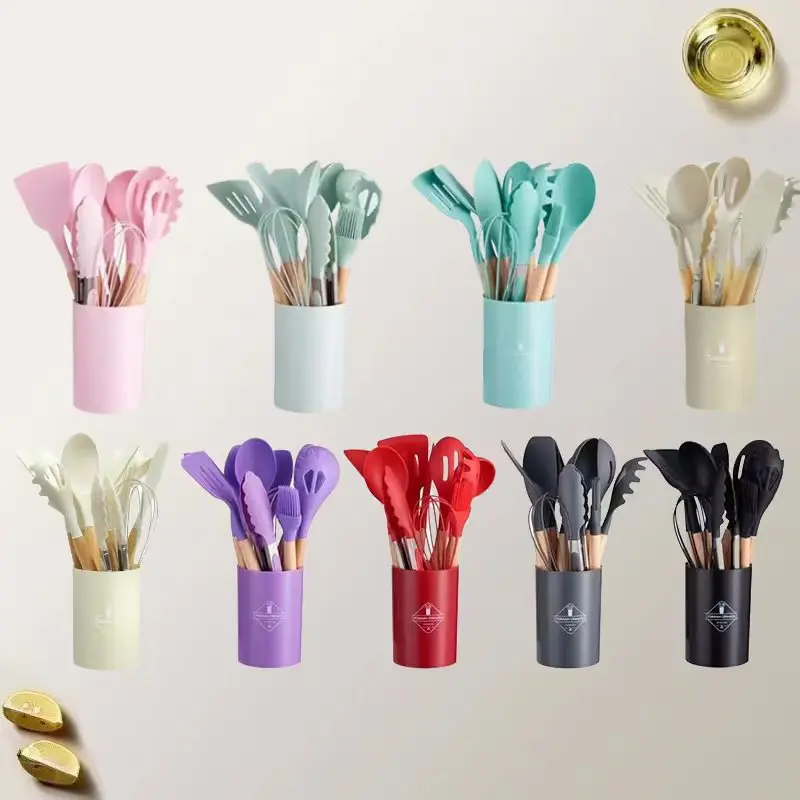 Ensemble d'ustensiles de cuisine en silicone antiadhésif, ustensiles de cuisine, spatule, pelle, batteurs à œufs F2, manche en bois, outil de cuisine, 12 pièces