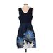 Suzanne Betro Casual Dress - A-Line V Neck Sleeveless: Blue Print Dresses - Women's Size Small