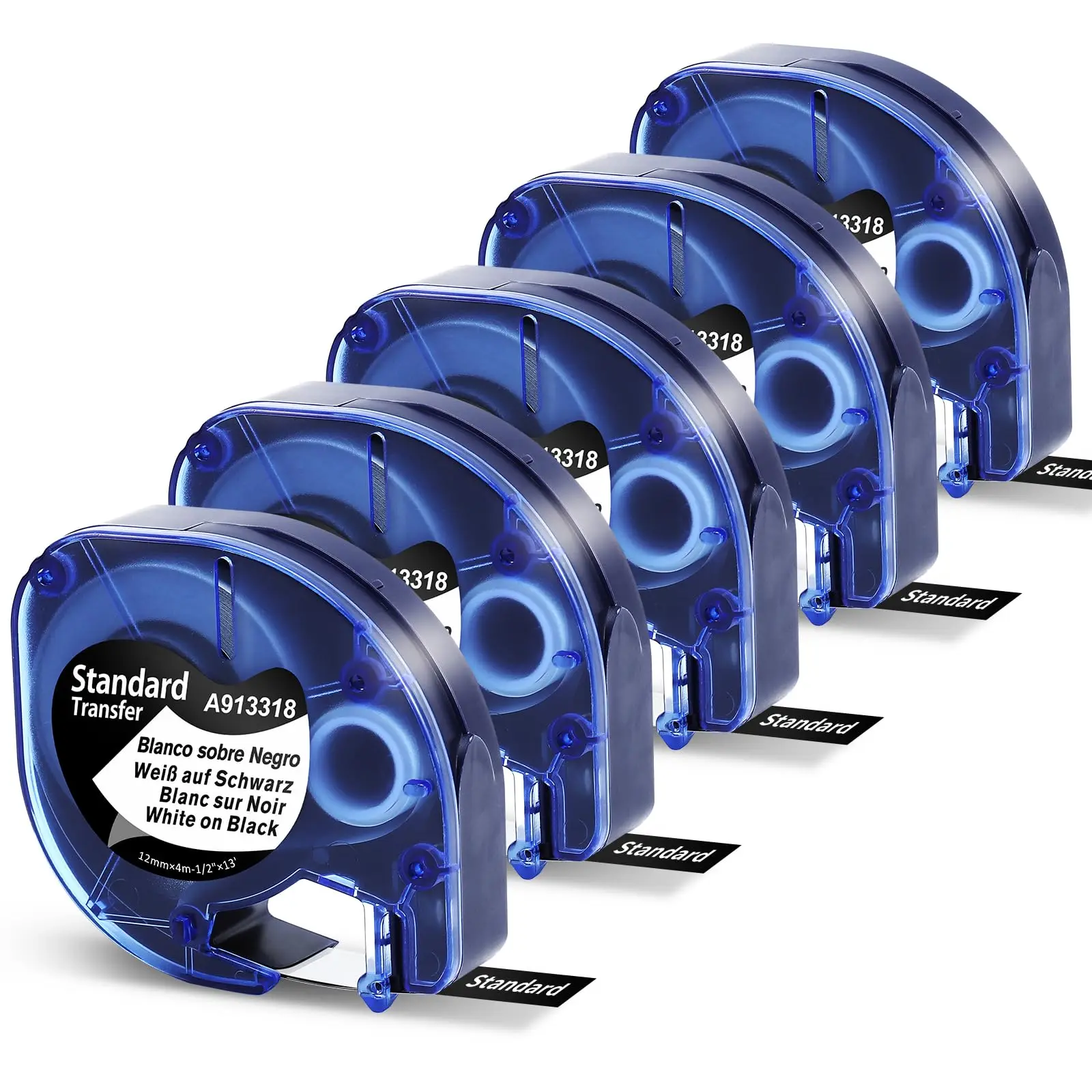 5er-Pack Weiß auf Schwarz, Ersatz für DYMO LetraTag-Nachfüllungen, schwarzer Kunststoff, 12 mm x 4 m, kompatibel mit Dymo Label Maker LT-100H Etikettenband