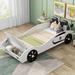 Twin Size Race Car-Shaped Platform Bed with Upholstered Backrest and Storage, Twin Car Bed with Soft Headboard and Guardrail