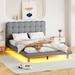 Gray Upholstered Full Platform Bed with LED Light Frame & Headboard