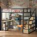 Full Size Loft Bed Frame with Staircase, Metal Child Study Bed with Built-in Desk and Shelves for Bedroom, Black
