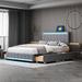 Full Size Upholstered Bed with LED Light and 4 Drawers, Platform Bed with Sockets and USB Ports, Linen Fabric