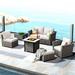 HOOOWOOO Outdoor Furniture 7-piece Patio Curved Armrest Wicker Sectional Set with Fire Pit Table